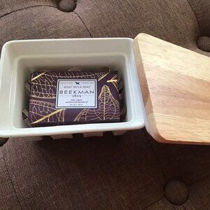 Beekman 1802 Ceramic Soap Dish & FIG LEAF palm size goat milk soap - BRAND NEW